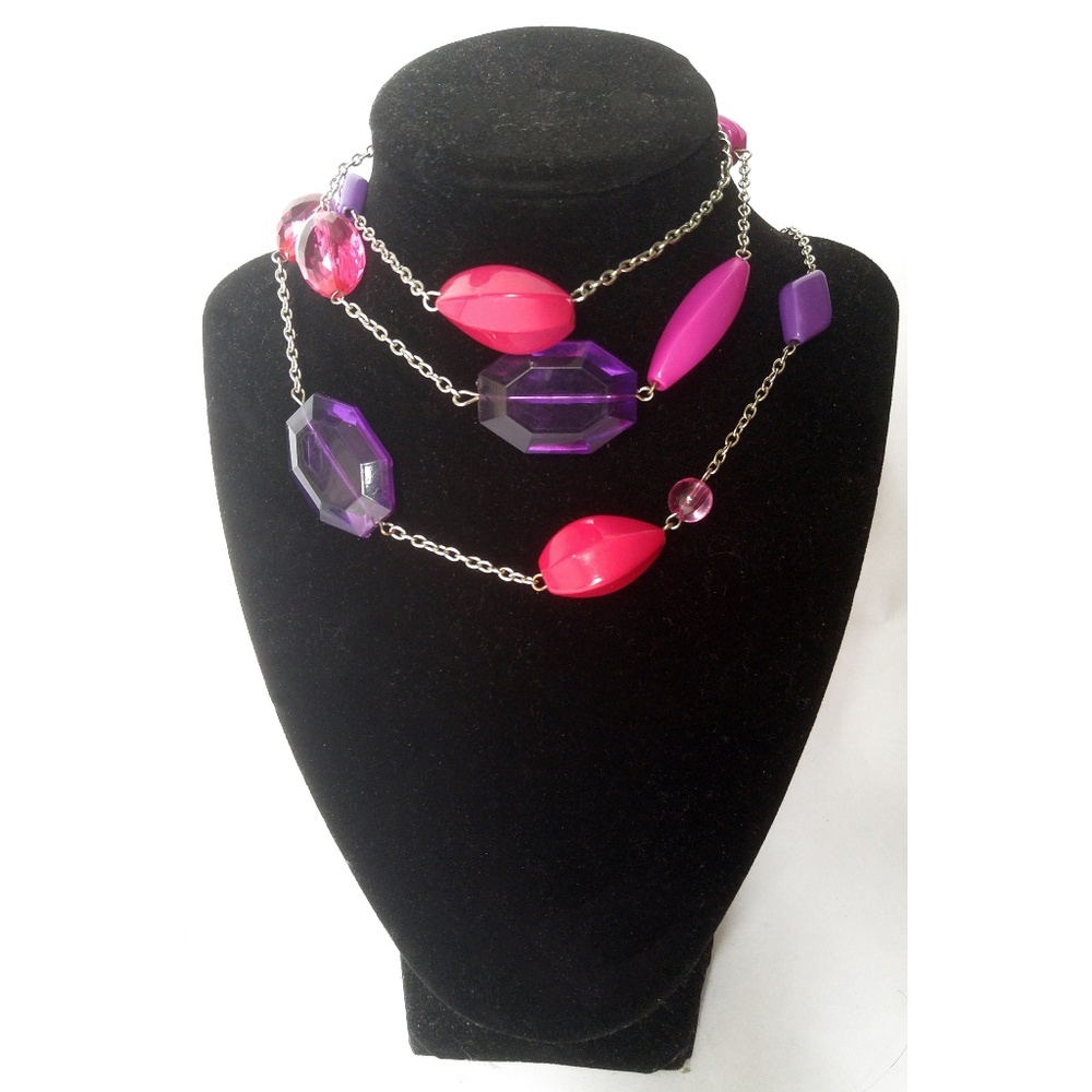 Pink Purple Beaded Long Acrylic Silver Necklace